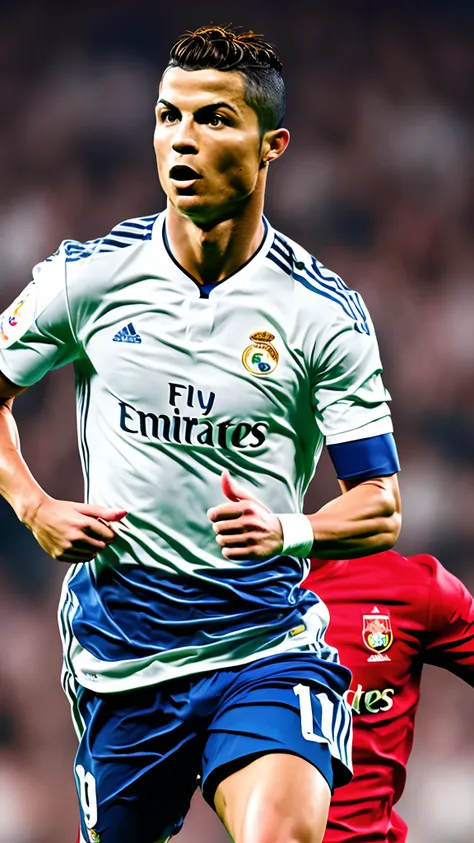 Uma foto profissional do Cristiano Ronaldo com terno do real Madri, Nike sponsorship,fly Emirates, cristiano Ronaldo realista,8k