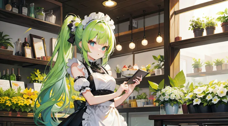 In a flower shop a girl in a maid costume with green hair double ponytail hairstyle white silk heterochromic pupils