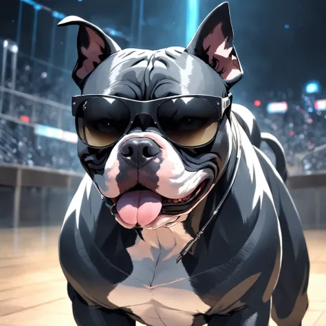 "masterpiece, black-coated American Bully with white color accents, channeling the Matrix style, sporting sunglasses, captured from a dynamic angle, delivering the best quality in stunning 4K resolution."