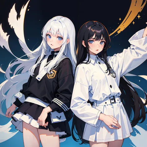 Two girls with long hair，White and black hair，hair flowing，Soulful gaze，is shy，take hand，Hold behind your back，Campus uniforms，Turn Back，starrysky，Black pupils