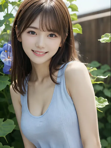 (Close up portrait of girl with slender small breasts with twin-tailed hair in white tank top:1.5)、(Smiling girl looking at morning glory flowers:1.5)、(Blue Sky Park:1.3)、(tre anatomically correct:1.3)、(complete hands:1.3)、(complete fingers:1.3)、(cleavage ...