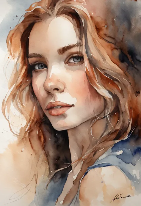 Imagine a watercolor portrait painting of a young woman with a serene expression. The painting captures the delicate play of light and shadow on her features. Her eyes are a mesmerizing shade of deep blue, and they seem to hold a hint of a distant memory. ...