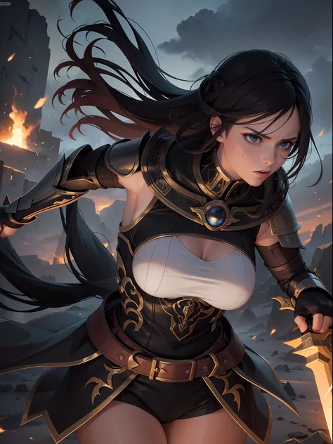 "A fierce and powerful female warrior in an epic battle, with intense determination in her eyes and a sword glinting in her hand. The scene is set in a desolate, post-apocalyptic landscape, with dark storm clouds swirling in the sky and debris littering th...