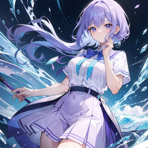 Light purple-blue hair，Crystal clear teacher uniforms，Beautiful female teacher with a fresh and fresh feeling