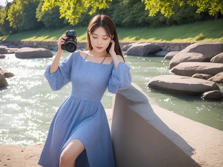 High quality，1 beautiful woman，Sit by the river and take pictures