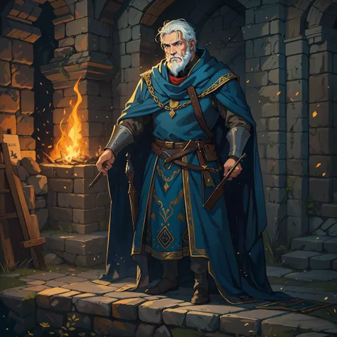 A king man with short, white hair, thick beard and blue eyes, he is dressed blue and gold in elegant costumes of a medieval king in a rocky, medieval and shadowy castle, he is in a shadowy castle, the castle has dark colors and little light, a castle with ...