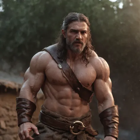 (Renderizado 3D profesional:1.3) de (realista:1.3) The most beautiful art photo in the world，Features soft and bright male heroes, ((Epic hero fantasy muscular rough man wet hero angry look long hair short beard and fierce expression in dynamic pose, Fanta...