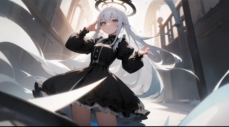 女の子1人, large, medium big, Katzenohren, Long white hair, schwarzes Highlights in den Haaren, dunkelblaue Augenfarbe, rostige alte antike Stadt im Hintergrund, Sonne geht unter, Sonnenreflexionen in Augen, black dress with ruffles, black and white striped kn...