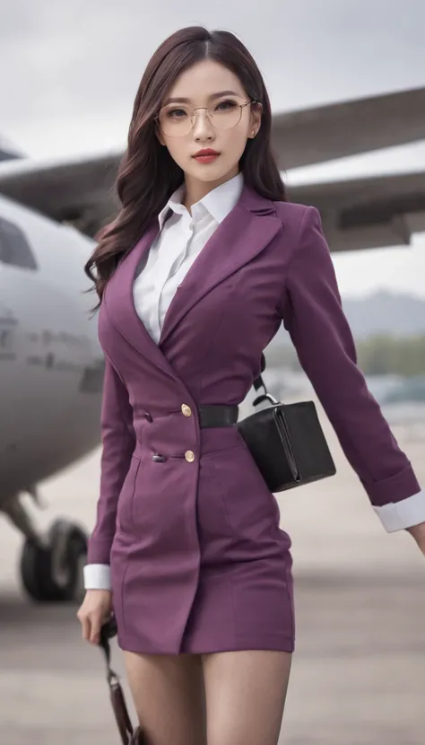 (Best quality: 1.1), (Realistic: 1.1), (Photography: 1.1), (highly details: 1.1), (1womanl), Airline flight attendants,Red coat,White shirt,Short skirt,black lence stockings,bent down,In the plane,KafkaHKS,Hong Kong,Purple eyes, Purple hair, eyewear on hea...