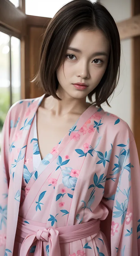 Beautiful body、A slender、Japanese Yukata、Light pink、with floral pattern