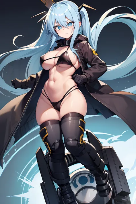 1girl in, hight resolution, lightblue hair, Very long hair that goes down to the knees, Black pitchy suit, Bangs twitch, Tsuriformes, bullish, High-pressure eyes, huge tit, Raw feet, petite body type, Lyrical Nanoha, (Levi the Thrasher:1.5), Materials, Chi...