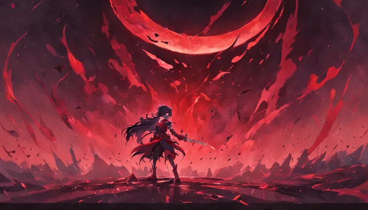 Dark night blood moon background，The orc cub in the middle holds a blood-dripping sword。