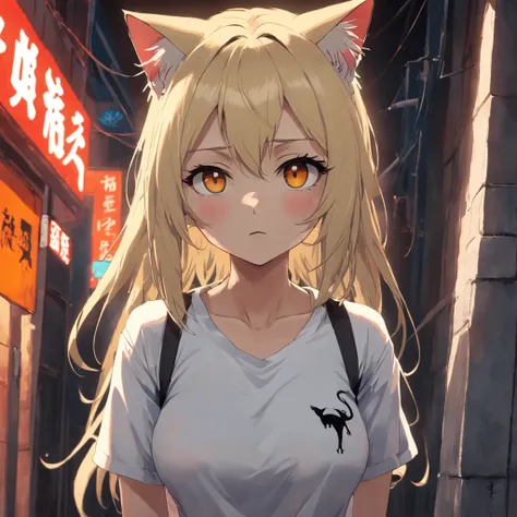 tmasterpiece，best qualtiy，cinematic Film still from，blond hairbl，Cat lady，full bodyesbian，Standing painting，Loose T-shirt，White T-shirt，handcuff，cat ear，yellow-eyed，Cat tail，Pitiful expression，Lori huge breasts cleavage，long whitr hair，dishiveredhair，Kitte...