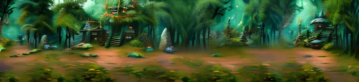 Painting of forests with buildings and stairs, fantasy forrest background, magical forest backround, fantasy forest background, forest backgrou, fantasy forest environment, Ancient forest, elf forest background, mystical forest background, mysterious jungl...