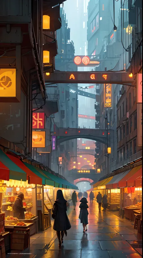 ((masterpiece)),((best quality)),((high detail)),((realistic,)) Futurist era city, architectural streets, bazaars, futuristic train lines, cyberpunk, buildings, night, European city, rainy, neon