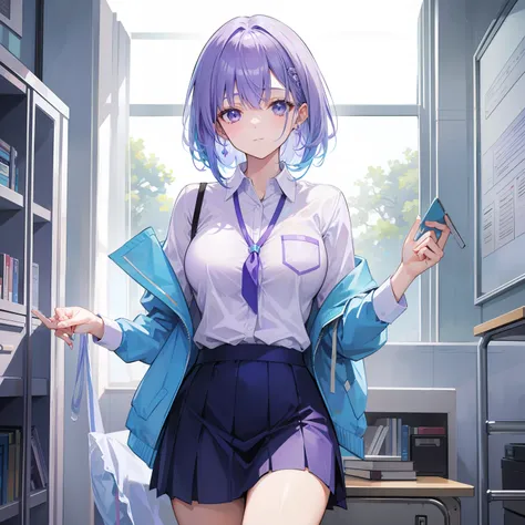 Light purple-blue hair，Crystal clear teacher uniforms，Beautiful female teacher，freshen，relaxed，fresco，Clear feeling