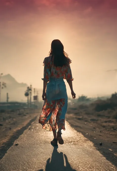 Woman walking on the road with clear blue sky towards the sun