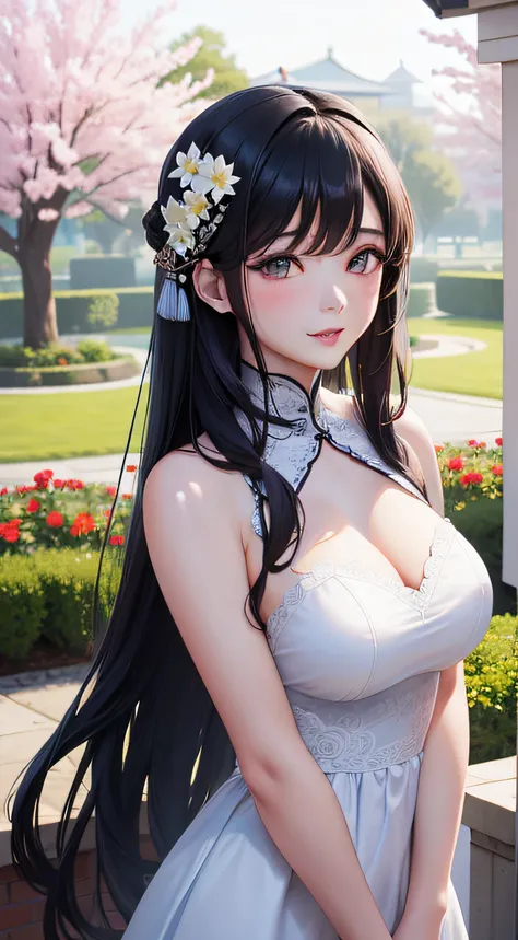 Garden background，A hundred flowers compete for spring，A Chinese girl with beautiful long black hair，Perfect facial features，Sweet smiling，Beautiful big watery eyes，Double eyelids and long eyelashes，Redlip，Perfect lip shape，Perfect eyebrow shape，White skin...