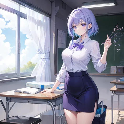 Light purple-blue hair，Crystal clear teacher uniforms，Beautiful female teacher，freshen，relaxed，fresco，Clear feeling