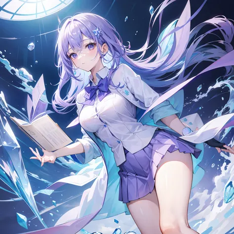 Light purple-blue hair，Crystal clear teacher uniforms，Beautiful female teacher，freshen，relaxed，fresco，Clear feeling