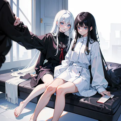 Two girls with long hair，White and black hair，hair flowing，Soulful gaze，is shy，take hand，Hold behind your back，Campus uniforms，Turn Back，starrysky，Black pupils