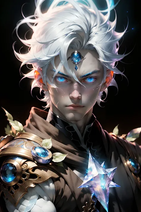 (Anime artwork) Ultra-detailed portrait of a pale man, Male, Fair skin like quartz, Whiten hair, Handsome, Vibrant blue eyes like gemstones, Mage, fantasy, cunning, Grace under pressure. [Crystalline background