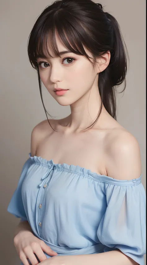 (8K, Best Quality, masterpiece: 1.2), (Realistic, photographrealistic: 1.5), Skinny 1 Girl, Upper body photo, short ponytail, bangs, low nose, natural lip, flat chest, sexy dress, Bandeau Dress, wide angle closeup