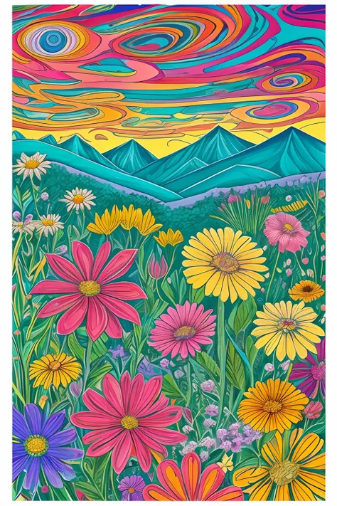 flowers, bold color, extremely detailed, realistic mountains, beautiful, psychedelic, swirly, sparkly, clear