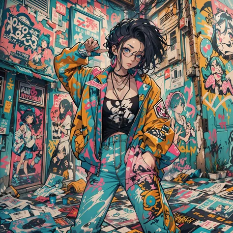 One Girl In A Back Alley、(Super Detail)、(8K)、((Hip Hop Fashion))、(full body Esbian)、(Fashion of the 90s)、(Brilliant limbs)、(Delicately drawn figures)、(Back alley decorated with graffiti)、tobacco、(Womens Fashion)、(Colorful and pop design)、(Around the back a...