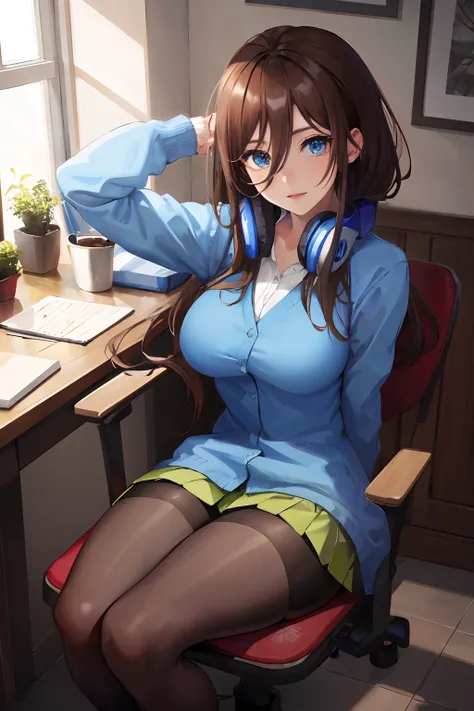 absurdres, best quality, 1girl, solo, eye focus, looking at viewer, Miku, Blue Cardigan, brown hair