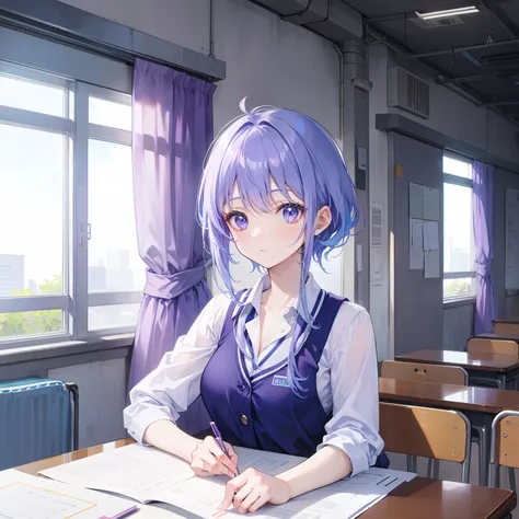 Light purple-blue hair，Crystal clear teacher uniforms，Beautiful female teacher，freshen，Relaxed，fresco，Clear feeling