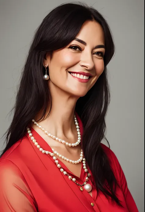 This is a portrait of a beautiful middle-aged woman with a bust size of 90 cm. She has long black hair, brown eyes, and fair skin. She is wearing a red blouse and a pearl necklace. She is smiling gently and looking at the camera.