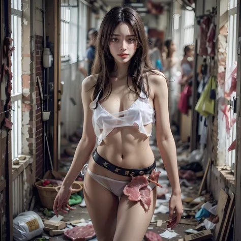 best qualtiy，tmasterpiece，abandoned building，Garbage all over the ground，18-year-old beautiful girl，Sexy standing pose，full-body portraits，Random white transparent sexy beautiful bikini，Slim legs，very beautiful long slim legs，The barefoot，(((lean meat)))((...