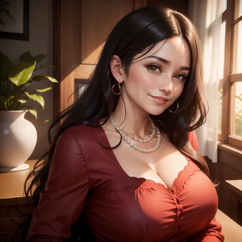 This is a portrait of a beautiful middle-aged woman with a bust size of 90 cm. She has long black hair, brown eyes, and fair skin. She is wearing a red blouse and a pearl necklace. She is smiling gently and looking at the camera.