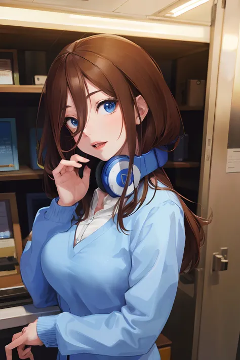 absurdres, best quality, 1girl, solo, eye focus, looking at viewer, Miku, Blue Cardigan, brown hair