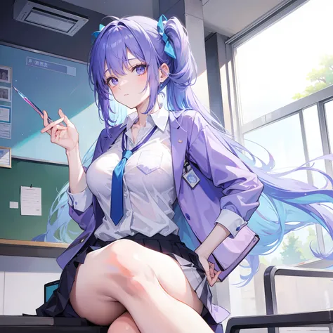 Light purple-blue hair，Crystal clear teacher uniforms，Beautiful female teacher，freshen，Relaxed，fresco，Clear feeling