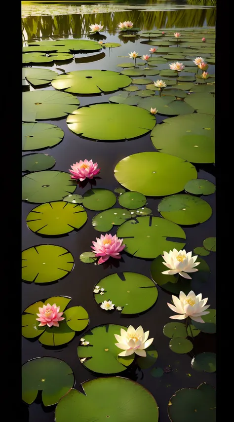 An exquisite masterpiece. Monets water lily, deep in the lotus pond (colorful, vivid, sunshine, cool light: 1.2), there are several lotus leaves in the pond. Lotus leaves have a clear texture. Morning sun, butterfly, leave a blank