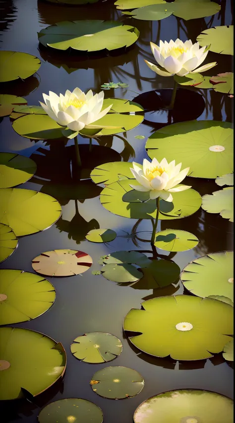 An exquisite masterpiece. Monets water lily, deep in the lotus pond (colorful, vivid, sunshine, cool light: 1.2), there are several lotus leaves in the pond. Lotus leaves have a clear texture. Morning sun, butterfly, leave a blank