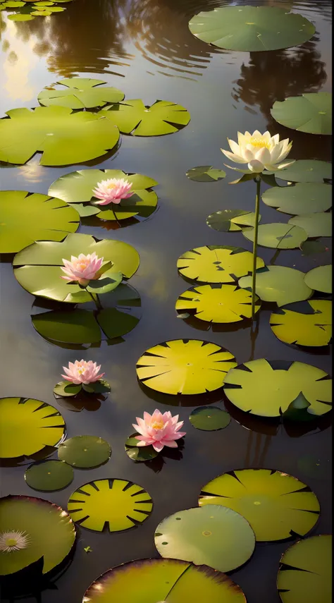 An exquisite masterpiece. Monets water lily, deep in the lotus pond (colorful, vivid, sunshine, cool light: 1.2), there are several lotus leaves in the pond. Lotus leaves have a clear texture. Morning sun, butterfly, leave a blank