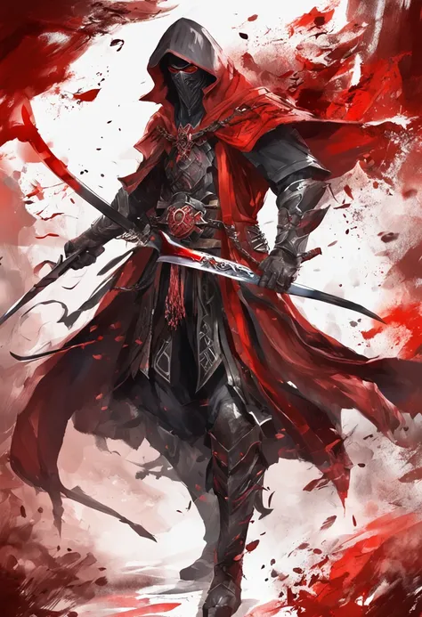 (ultra-detailed CG unit 8k wallpaper, Master parts, Best quality, depth of fields, hdr, 复杂), Tall, The sinister Dark Assassin wears a metal mask，Bright red eyes，Light and dark armor，Behind him，He wears a low-key red cloak。，Holding a sharp dagger in his arm...