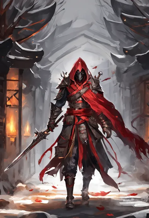 (ultra-detailed CG unit 8k wallpaper, Master parts, Best quality, depth of fields, hdr, 复杂), Tall, The sinister Dark Assassin wears a metal mask，Bright red eyes，Light and dark armor，Behind him，He wears a low-key red cloak。，Holding a sharp dagger in his arm...