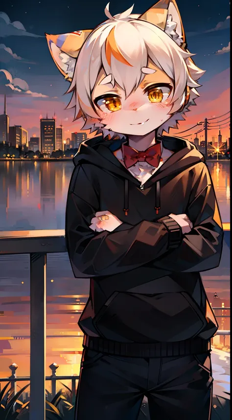 solo, kemono, femboy, orange and white hair, yellow eyes, wear red bow tie, wear black hoodie, wear black pants, wear black headphones on head, blushes, look at camera, smile, leaning against the iron railing, lake and city background, daytime