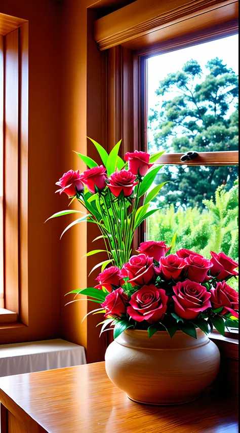 Clay pot, colorful roses, by the window, sunlight coming in, blank background, lots of details, high quality, 8k,