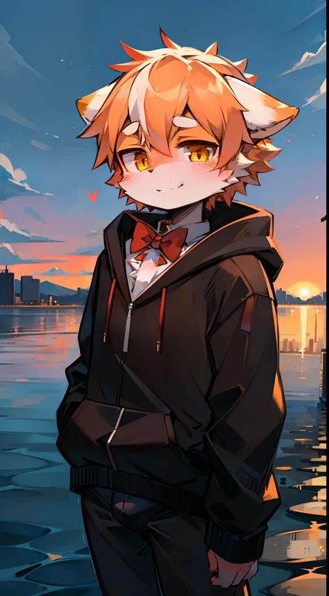 solo, kemono, femboy, orange and white hair, yellow eyes, wear red bow tie, wear black hoodie, wear black boxer, wear black headphones on head, blushes, look at camera, smile, standing, lake and city background, daytime