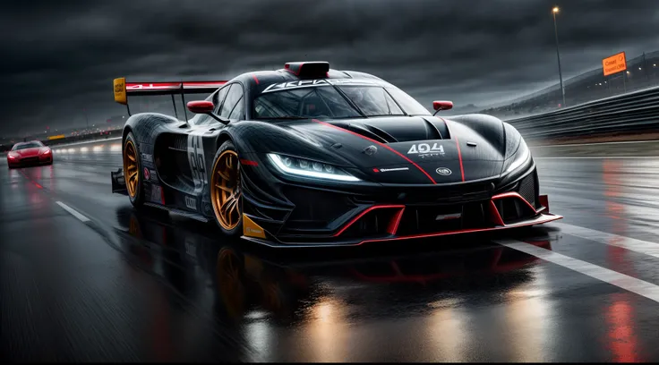 An ultra-realistic race car designed as a concept car on wet roads, speeding through a rain-soaked highway with water droplets cascading off its sleek body, capturing every detail of the cars aerodynamic curves and reflective surfaces, surrounded by blurre...