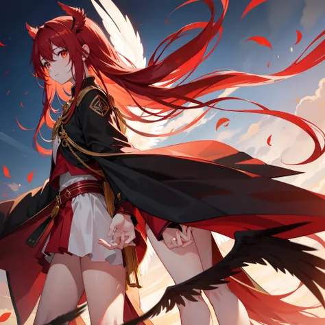 ，Long light red hair，Like fire，Golden eyes，black school uniform，Crimson feathers surround like wings，The sky fell，Eyes that are not afraid of everything，There is a hairpin on the head，Kizi