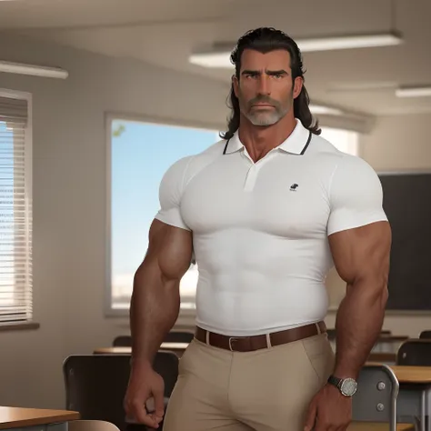 Medium dark hair , back comb hair , tan skin, dad , mature , 40years old , black polo shirt , teacher , classroom , hyper muscular , big pecs , whistle, coach , very sweaty , stern face, hairy arms , white pants, beefy, big butt, flexing biceps