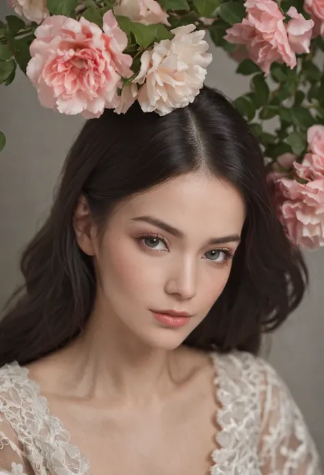 Create a painting of a woman in a floral setting. The woman should be splendid with black hair, detailed skin texture and sitting with one hand in his hair. The colors must be as balanced to evoke happiness. Style must be realistic