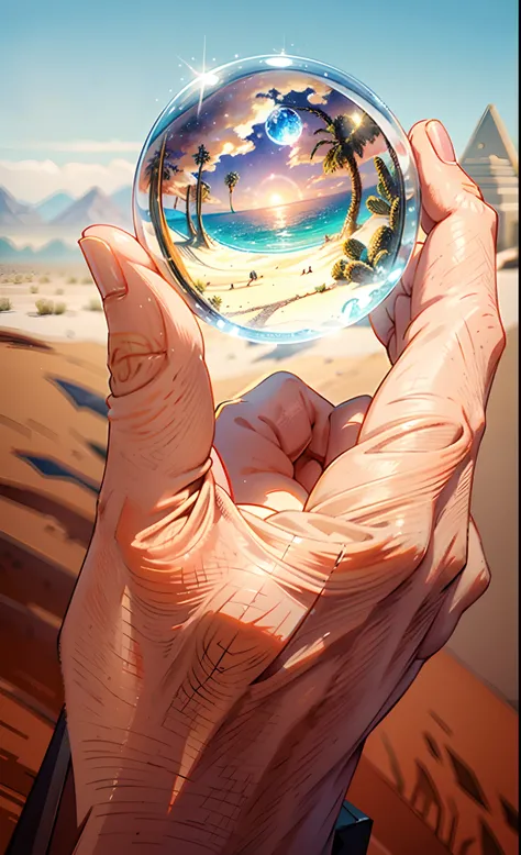 "a crystal sphere holding by a hand,(((Inside a crystal sphere))),(ultra wide angle), inside the sphere,A girl mesmerized by the awe-inspiring expanse of a desert night, gazing at the starry sky and moonlit sand dunes, with a hint of aurora in the distance...