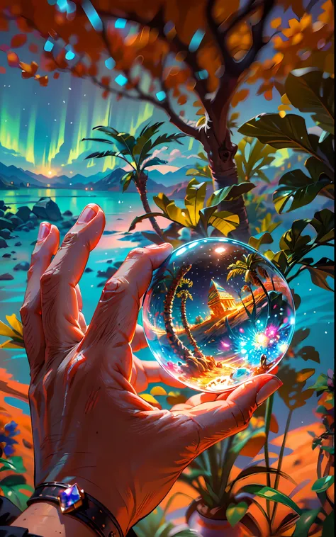 "a crystal sphere holding by a hand,(((Inside a crystal sphere))),(ultra wide angle), inside the sphere,A girl mesmerized by the awe-inspiring expanse of a desert night, gazing at the starry sky and moonlit sand dunes, with a hint of aurora in the distance...